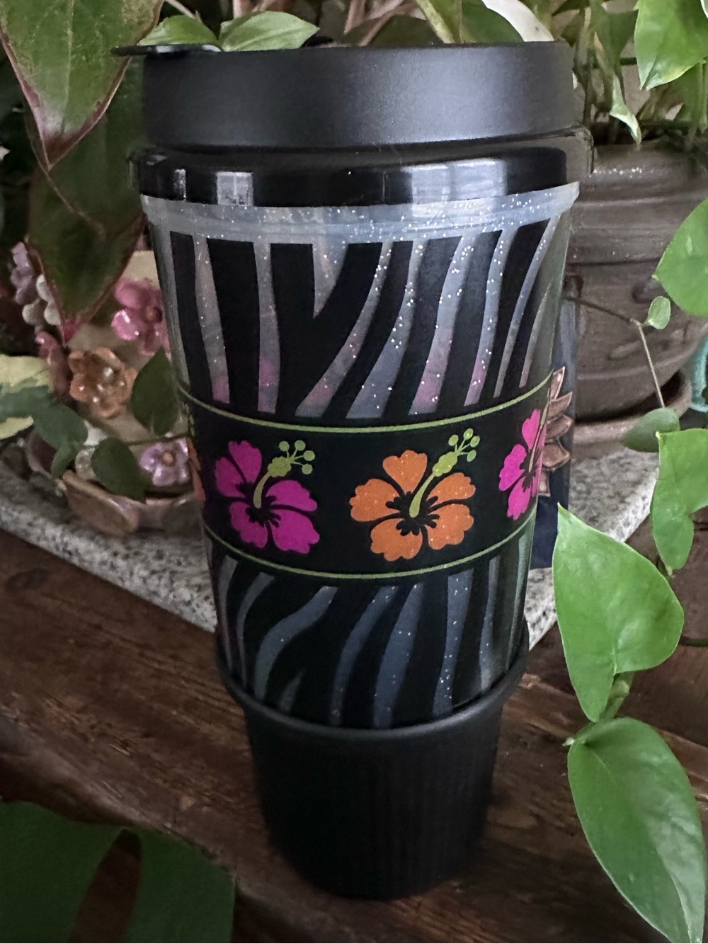 Black Zebra Hibiscus Glitter Cold Drink Travel Tumbler 24oz
